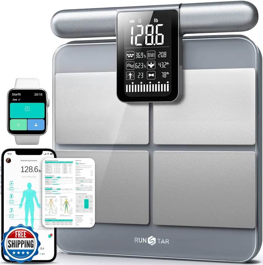 RunStar Scale for Body Weight and Fat Percentage, 8-Electrodes Precision Digital Smart Scale for BMI 28 Body Composition Measurement, Silver Bathroom Smart Scales with Large Display