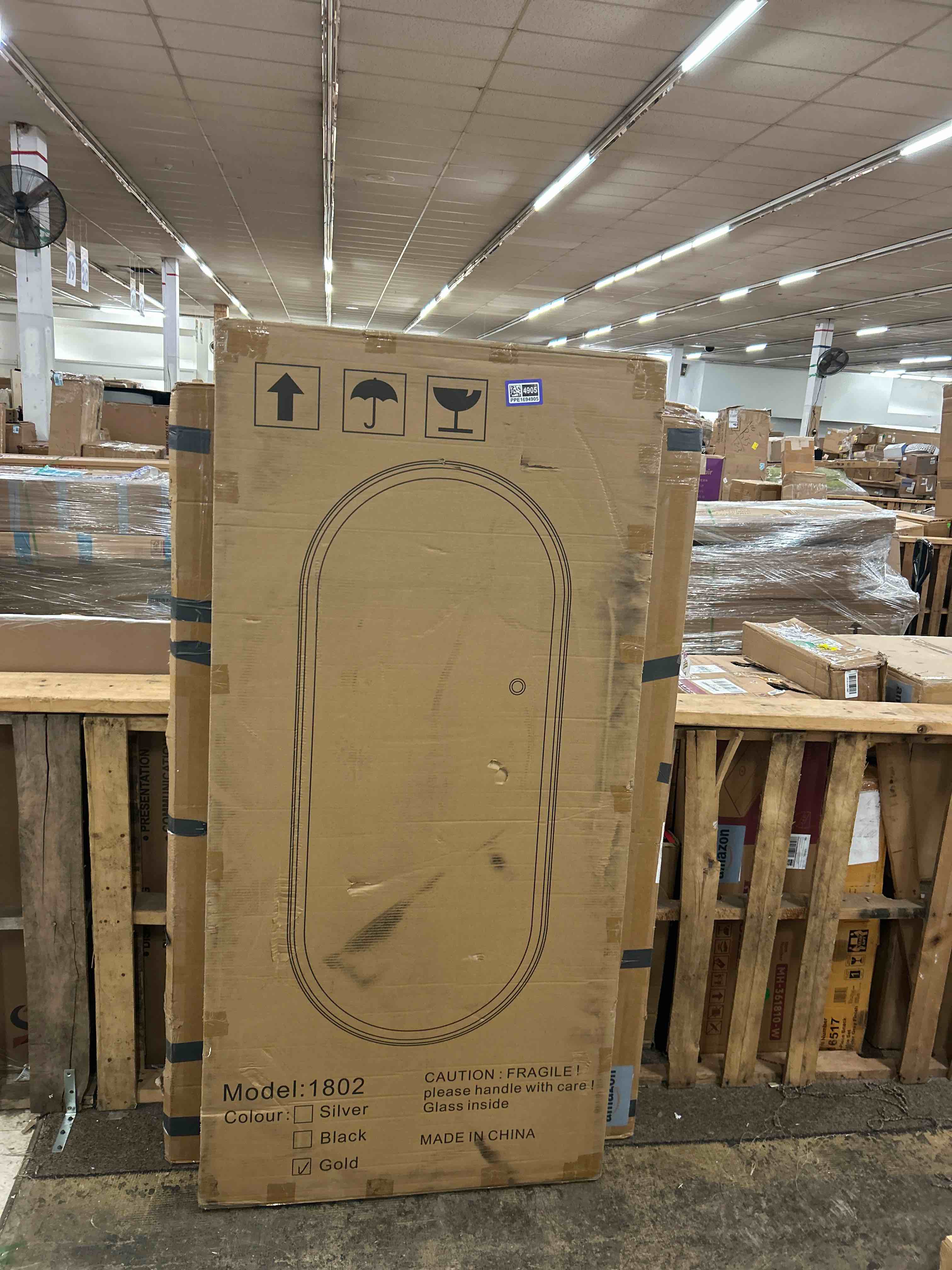 Condition photo showing New/Like New for FENNIO 71" x 32" Large Wall Mounted Mirror with LED Lights, Oval Full Length LED Lighted Full Body Dressing Mirror for Bedroom, Salon,Gold, Tempered Glass