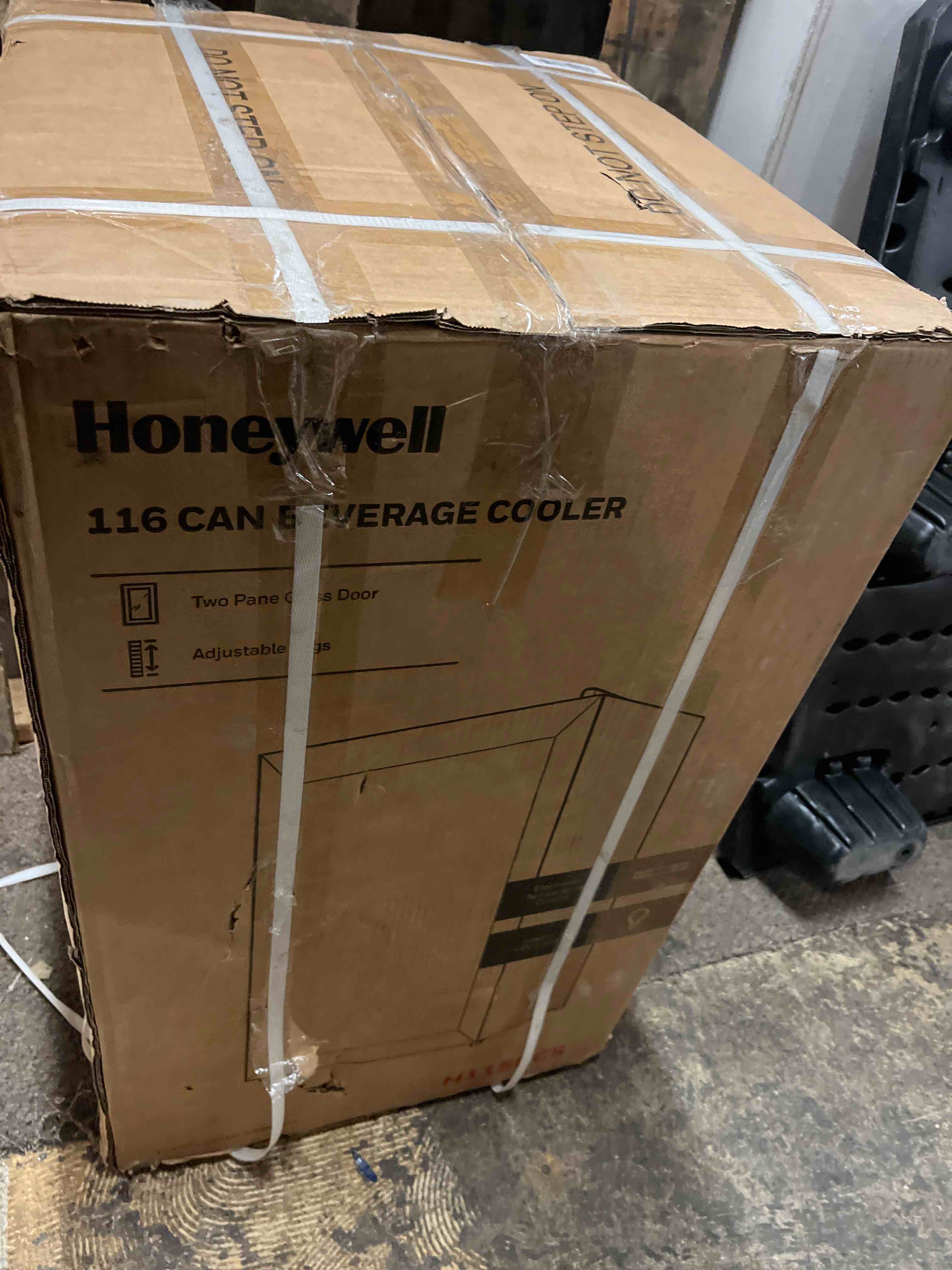Condition photo showing New/Like New for Honeywell Beverage Refrigerator and Cooler, 116 Can Mini Fridge with Glass Door for Soda Beer or Wine for Office or Bar with Adjustable Removable Shelving, Commercial Grade