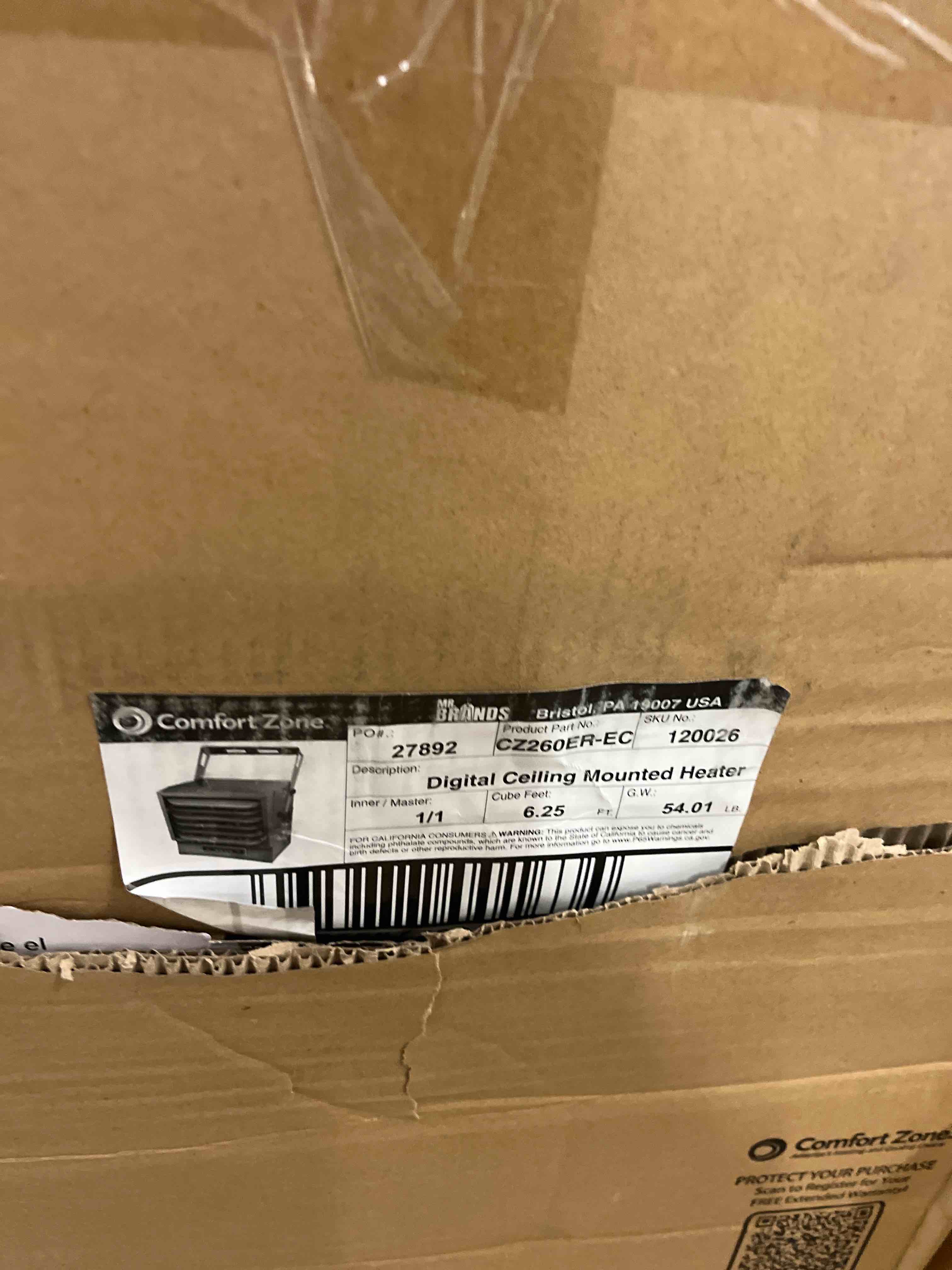 Condition photo showing New/Like New for Comfort Zone Hard-Wired Digital Ceiling Mount Heater with Full-Function Remote  10 000 Watt  240 Volt  Fan-Forced  Overheat Protection  Thermostat & 12-Hour Timer  Ideal for Garage  CZ260ER