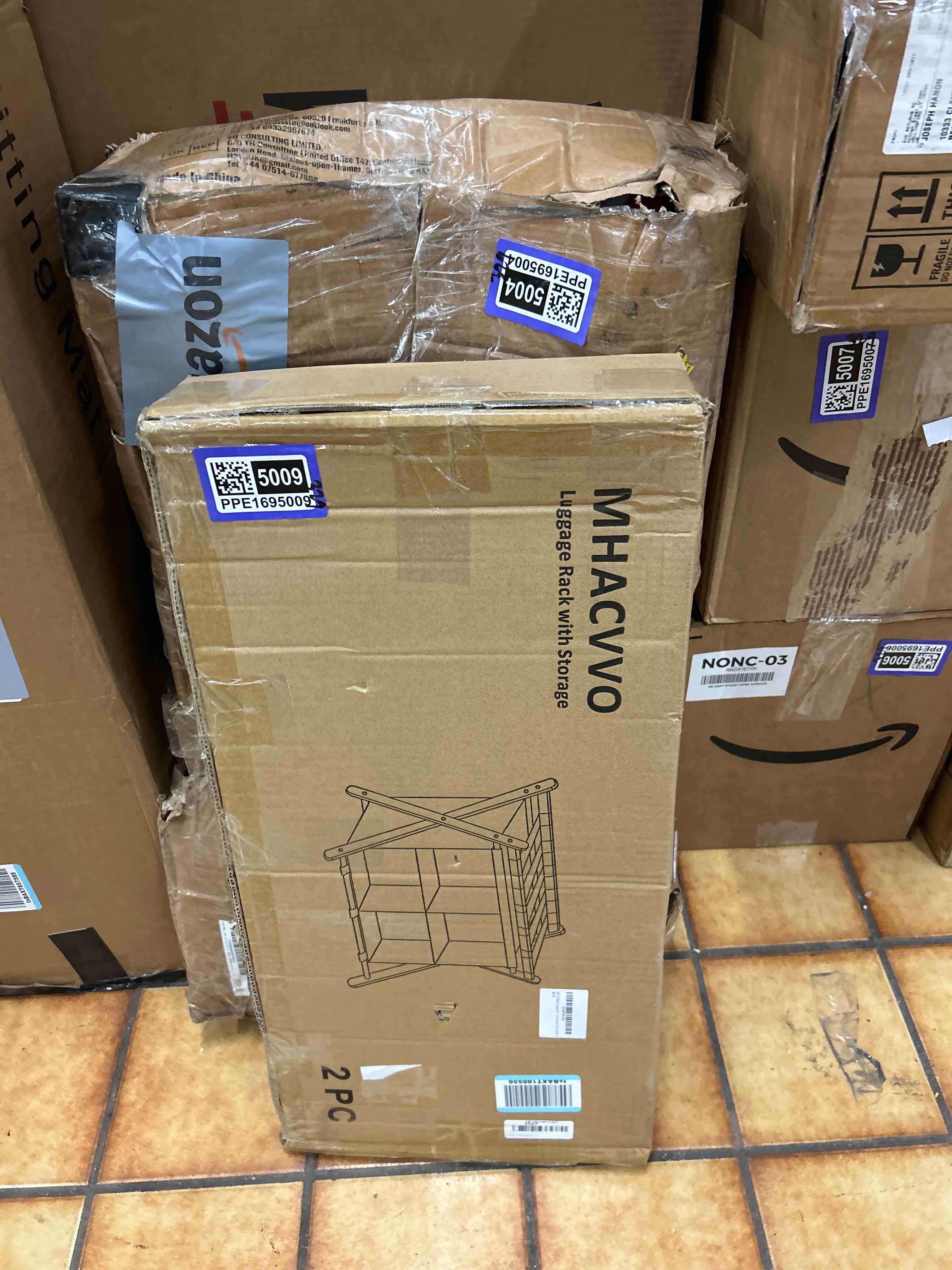 Condition photo showing New/Like New for Bamboo Luggage Rack 2 Pack with 4 Storage Compartments, Foldable Suitcase Stand for Guest Room, 150lbs Capacity, Sturdy, Space-Saving and Easy to Assemble Organizer