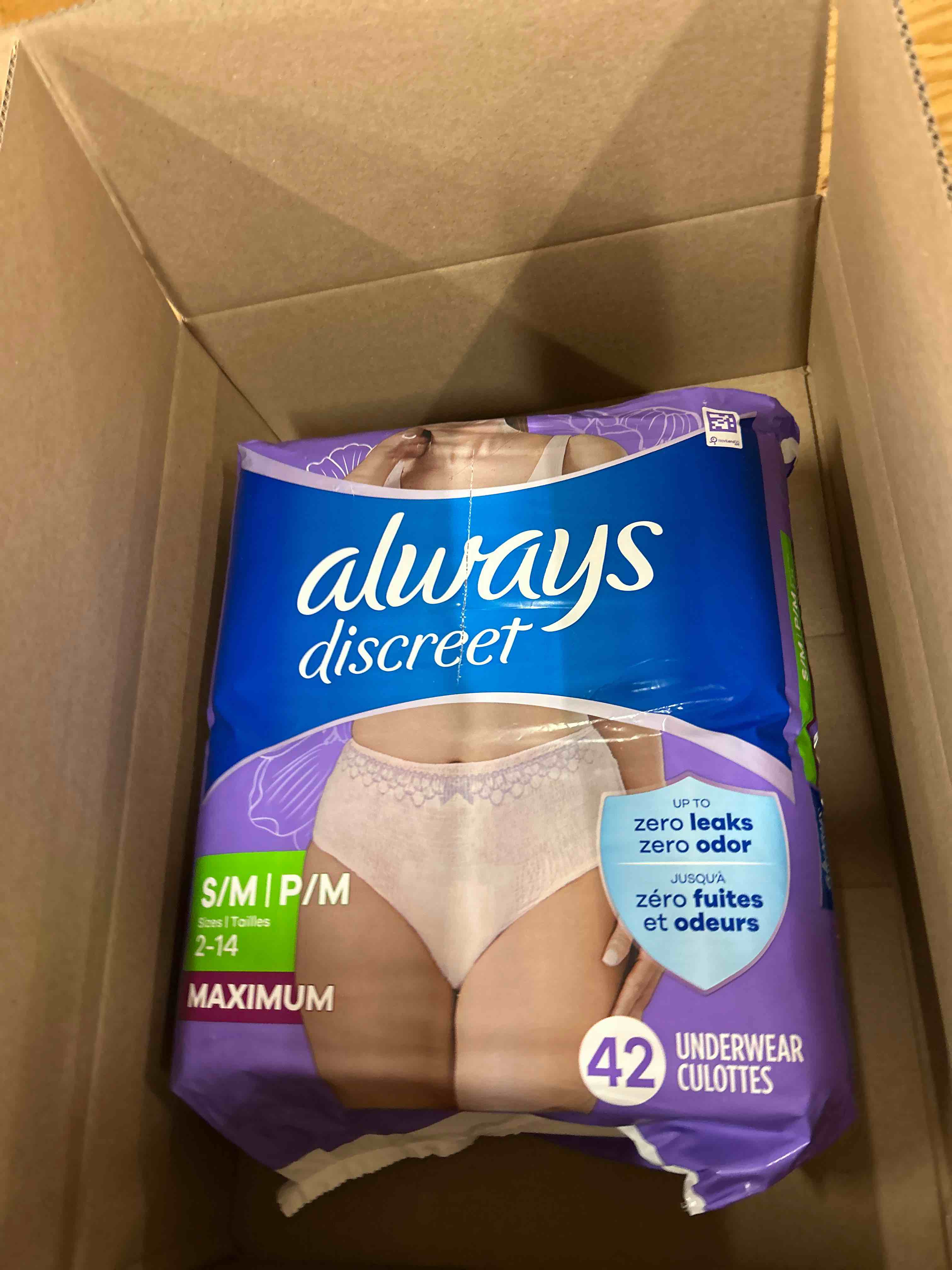 Condition photo showing New/Like New for Always Discreet Incontinence Underwear for Women Maximum Absorbency, S/M, 42 Count (Packaging May Vary)