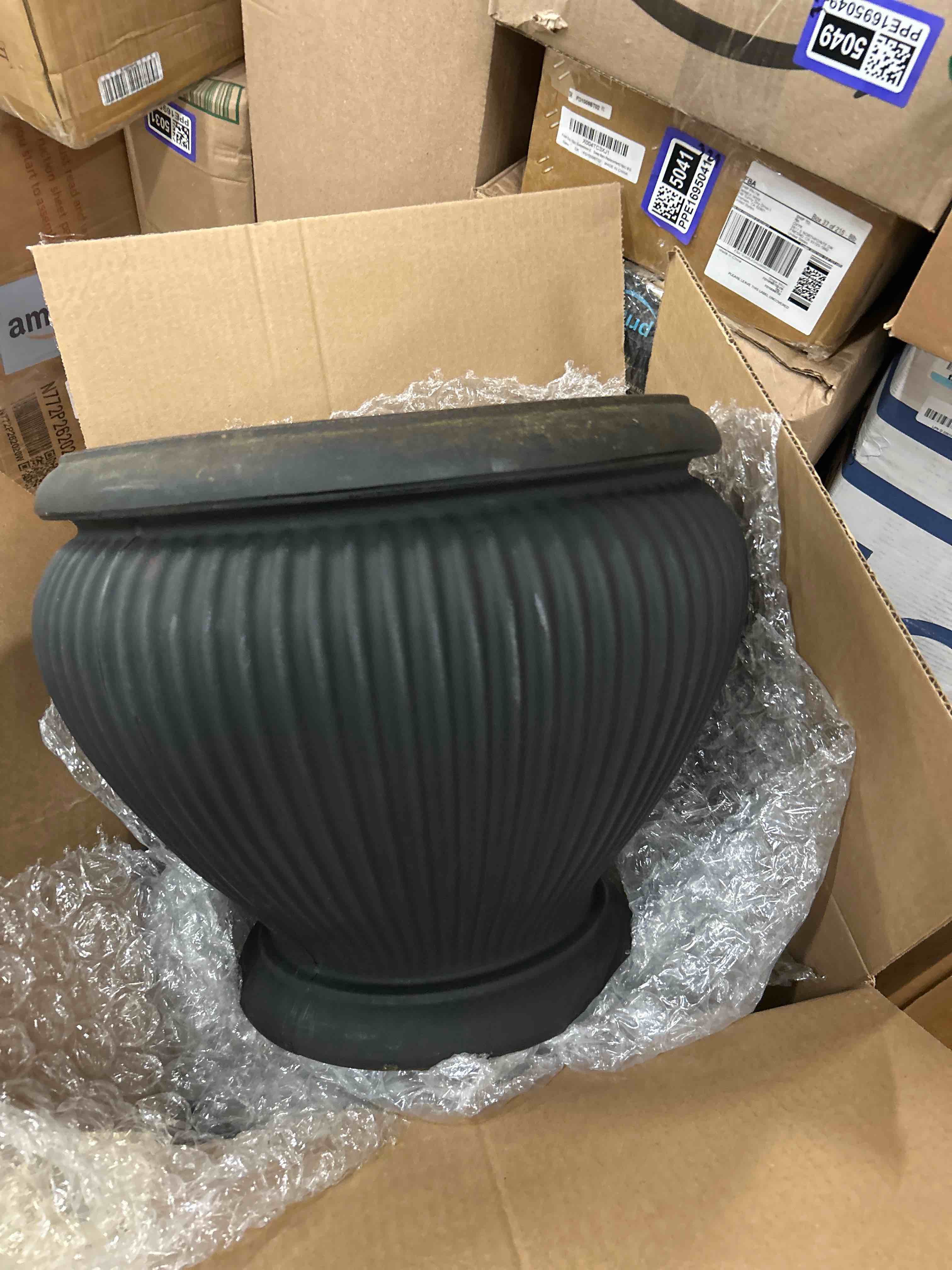 Condition photo showing New/Like New for ARBORA 18" Cannes Urn Polyresin Indoor and Outdoor Planter with Classic Black Finish - Durable, Weatherproof, Lightweight, Large Plant Pot for Patio, Garden, Deck, Entryway