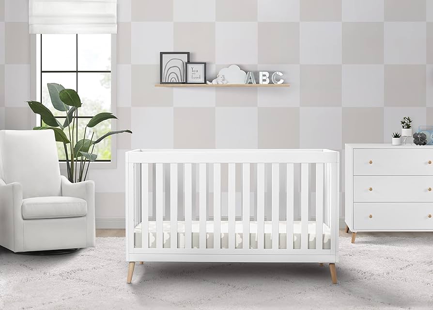 Delta Children Essex 4-in-1 Convertible Baby Crib  Bianca White/Natural Legs