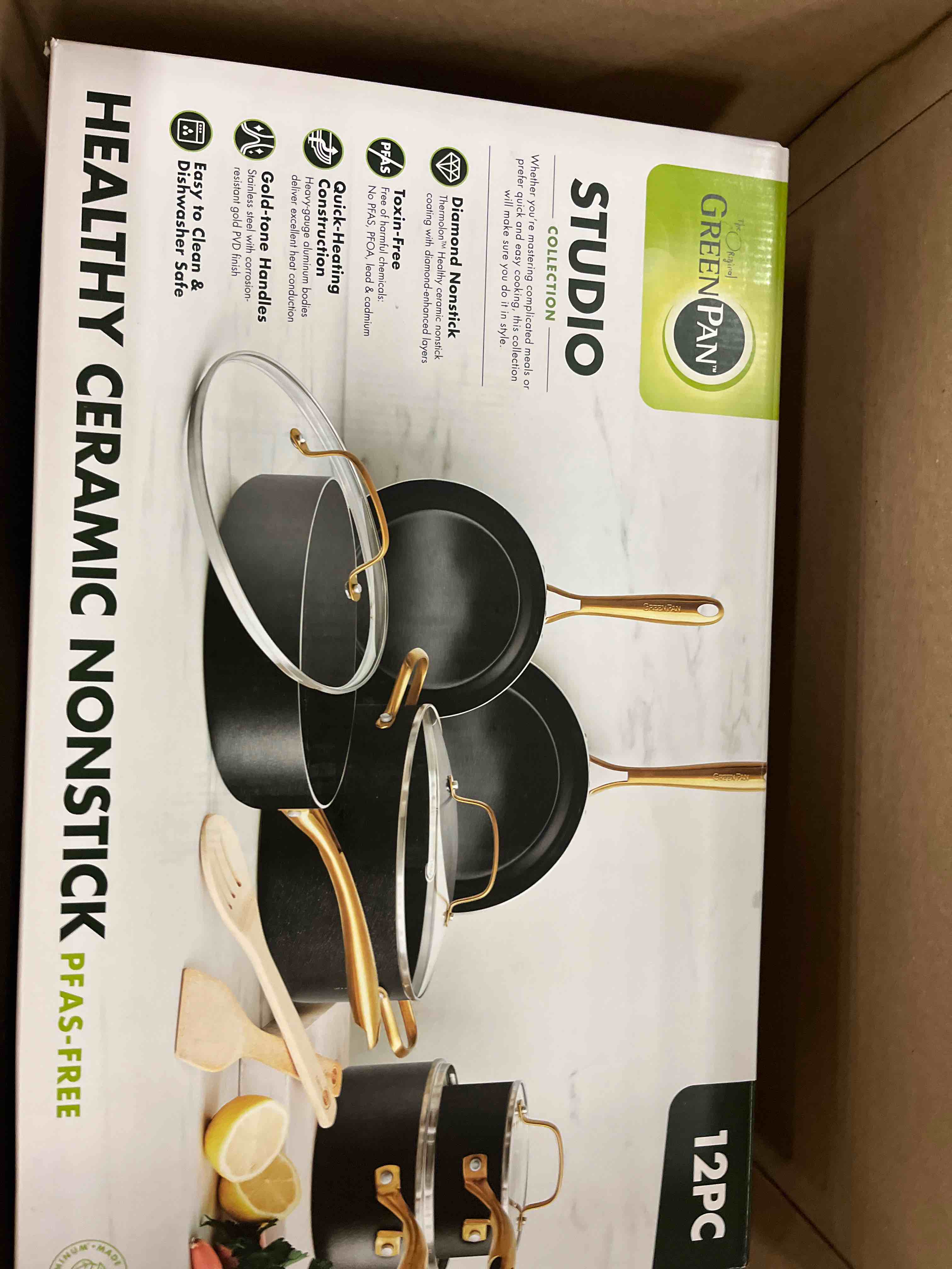 Condition photo showing New/Like New for GreenPan 12 Piece Nonstick Swift Cookware Set, Ceramic PFAS-Free Pots & Pans with Lids, Dishwasher & Oven/Broiler Safe to 600F, Kitchen Cooking Set, Sauce, Saute, Stock, Frying Pans, Black/Gold