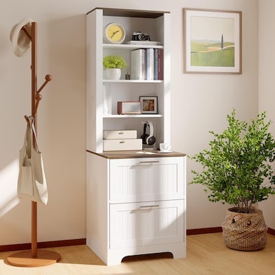 Condition photo showing New/Like New for Garvee 72 inches Tall Bookshelf with 2 File Drawers Farmhouse Bookcase Storage