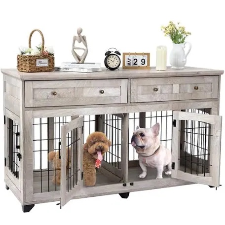 Condition photo showing New/Like New for Garvee Dog Crate Furniture with Drawer, 5 Doors Wooden Dog Kennel End Table with Large Capacity Drawers,Dog House with Openable Divider for Small/Medium/Large Dog,Dog Cage,Side End Table Grey