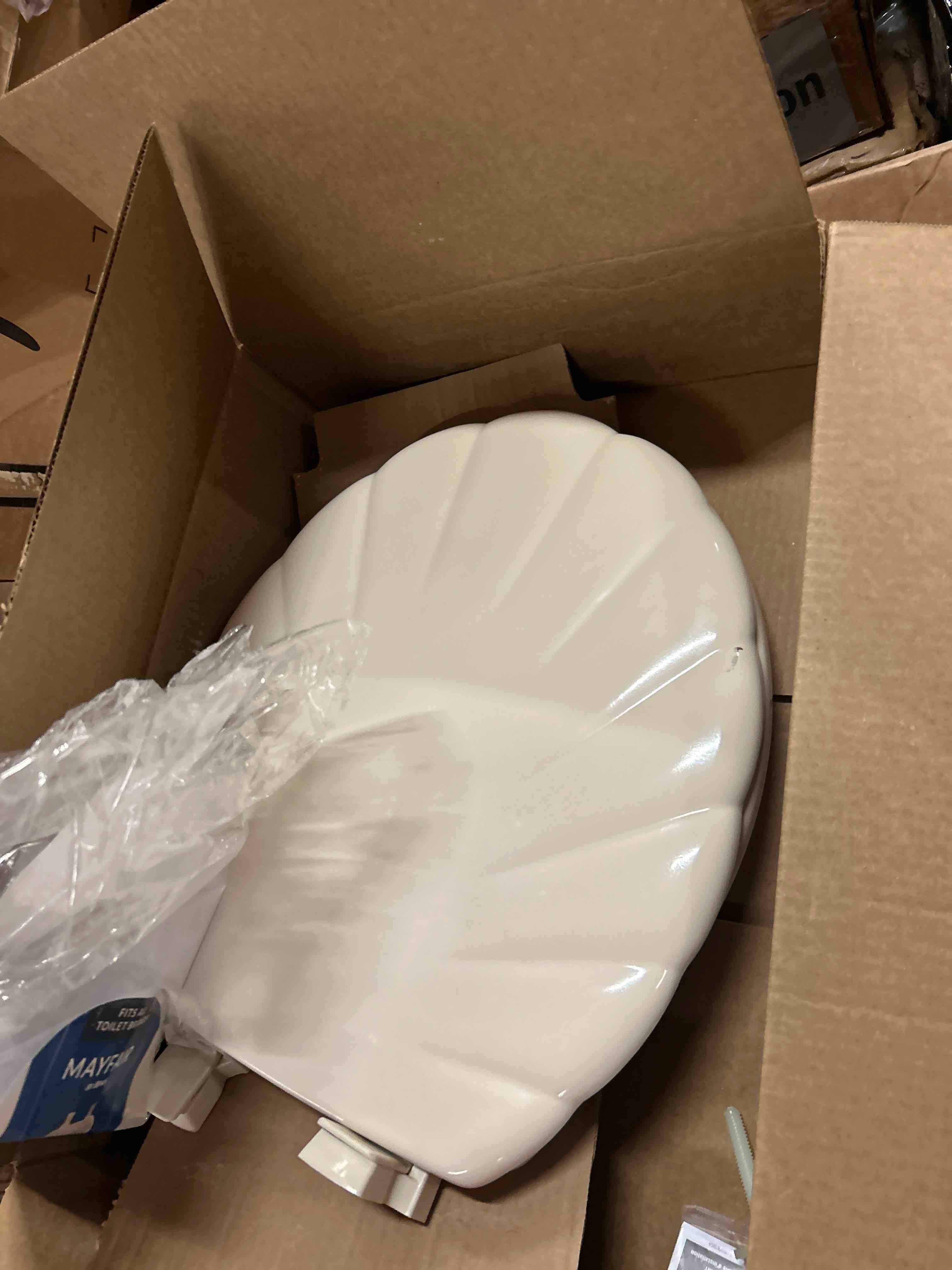 Condition photo showing New/Like New for Mayfair Shell Round Enameled Wood Toilet Seat in Bone STA-TITE