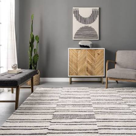 Condition photo showing New/Like New for nuLOOM Liz Textured Soft Shaggy Stripes Area Rug, 5'3" x 7'6", Beige