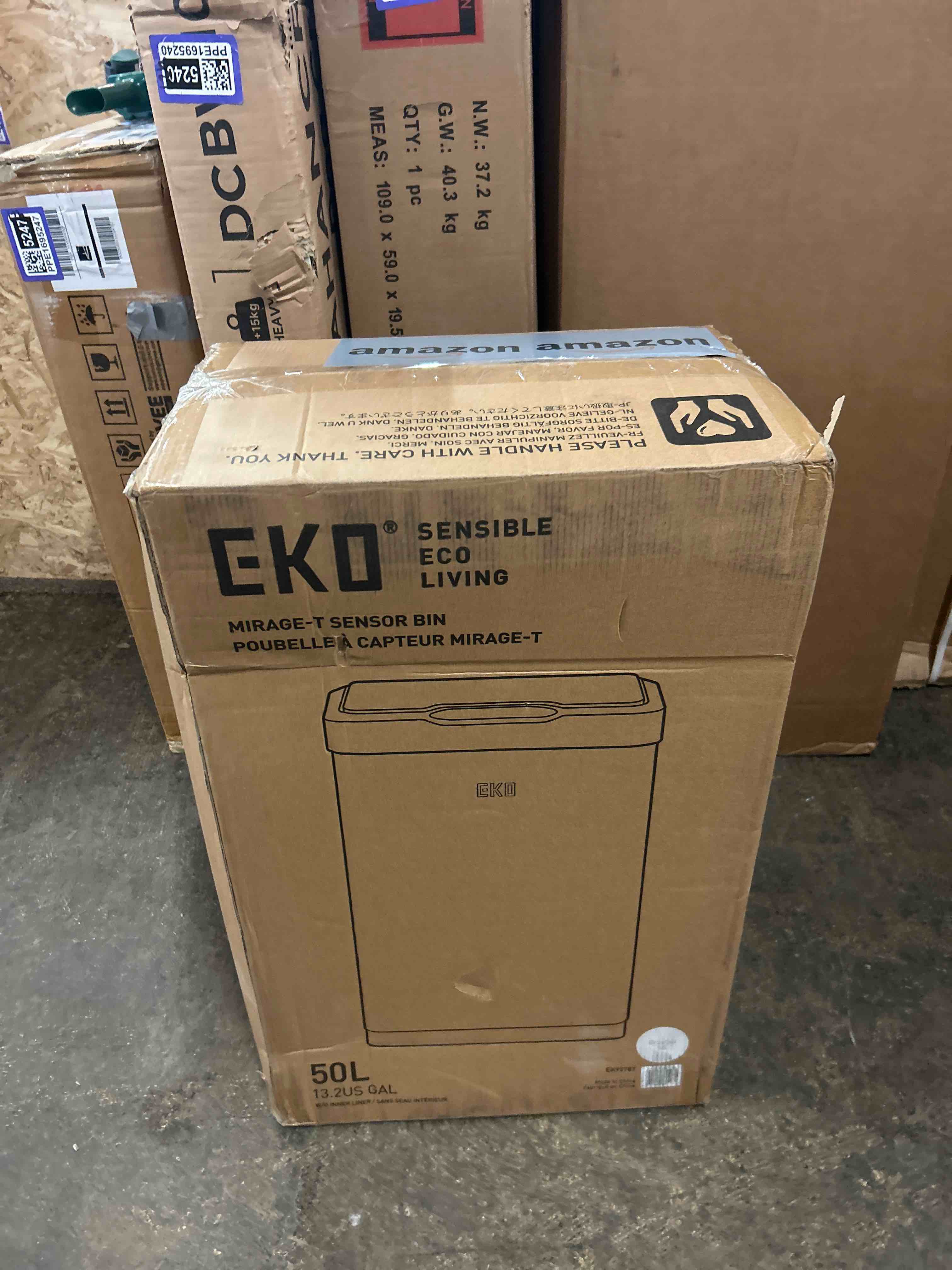 Condition photo showing New/Like New for EKO Mirage-T 50 Liter / 13.2 Gallon Touchless Rectangular Motion Sensor Trash Can, Brushed Stainless Steel Finish