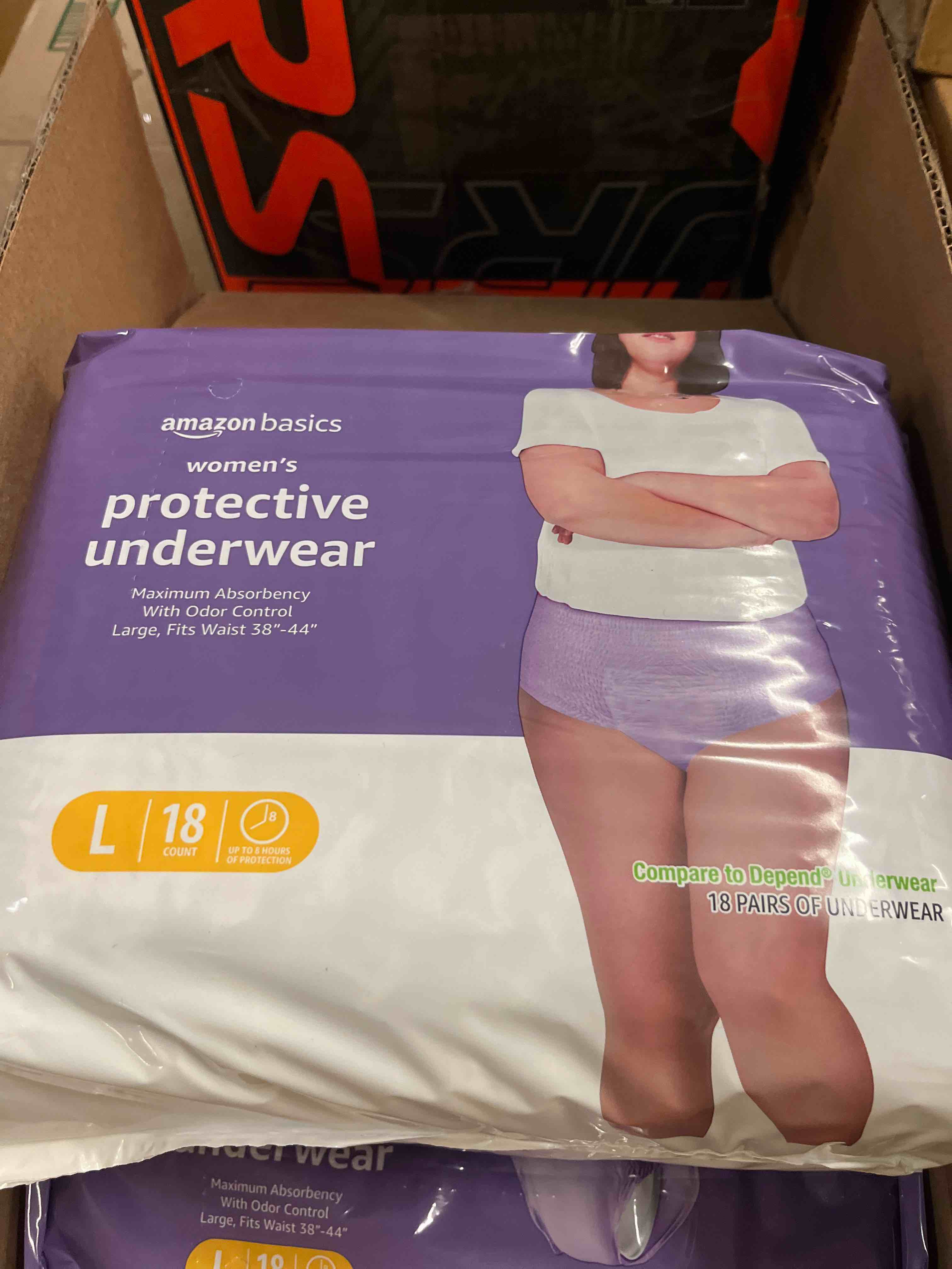 Condition photo showing New/Like New for Amazon Basics Postpartum Incontinence Underwear for Women, Maximum Absorbency with Bladder Leak Protection, Fresh Protection, Disposable, Large, Lavender, 18 Count