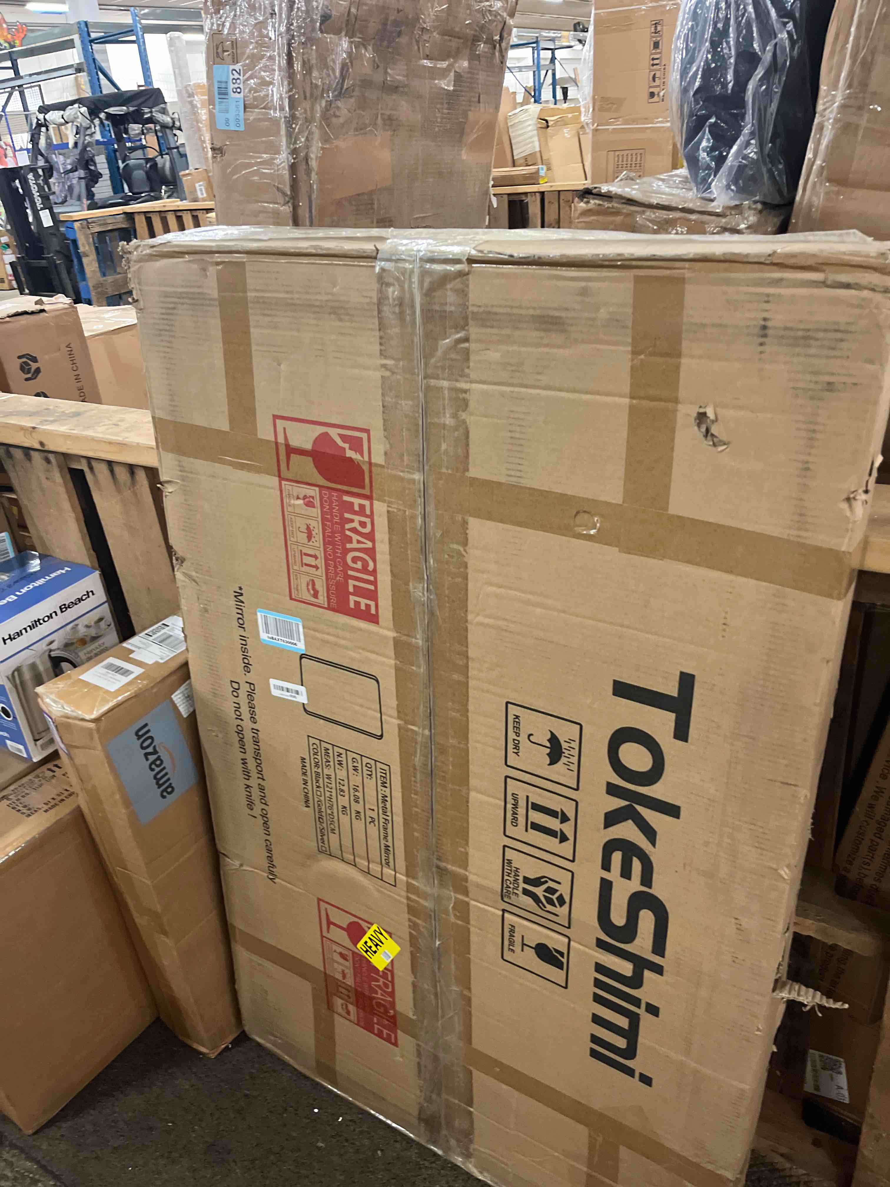 Condition photo showing New/Like New for TokeShimi Gold Bathroom Mirror for Wall 48 x 30 Inch Metal Rounded Corner Rectangle Mirror Wall Mirror in Aluminum Alloy Metal Frame Deep Set Design Hangs Horizontal Or Vertical