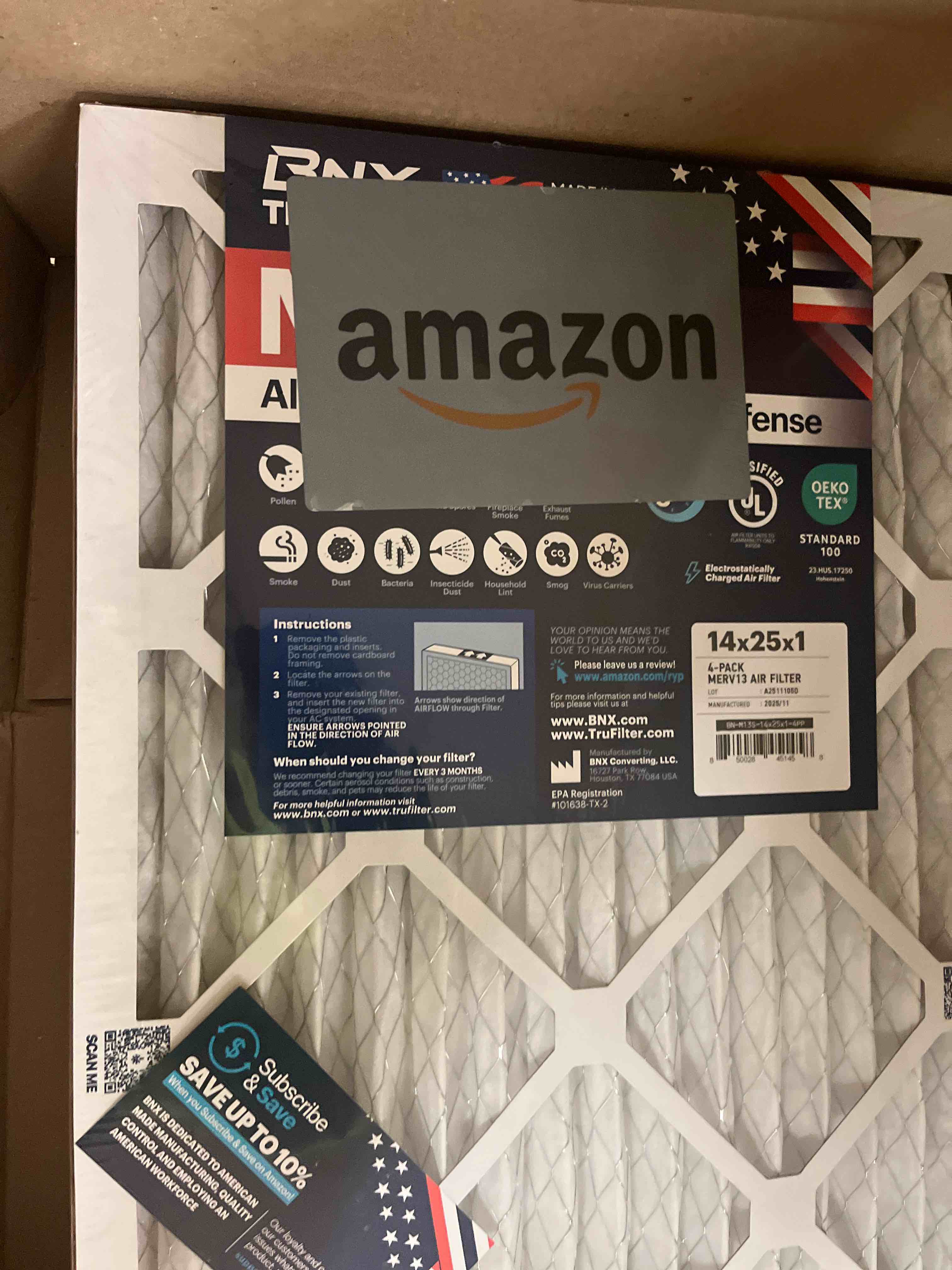 Condition photo showing New/Like New for BNX 14x25x1 inches MERV 13 Air Filter 4 Pack - MADE IN USA - Electrostatic Pleated Air Conditioner HVAC AC Furnace Filters - Removes Pollen  Mold  Bacteria  Smoke