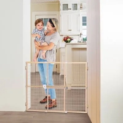 Toddleroo by North States Extra Wide Wire Mesh Wooden Baby Gate: 29.5"-50" Wide. Pressure Mounted Baby Gate for Doorway. (31" Tall, Sustainable Hardwood)