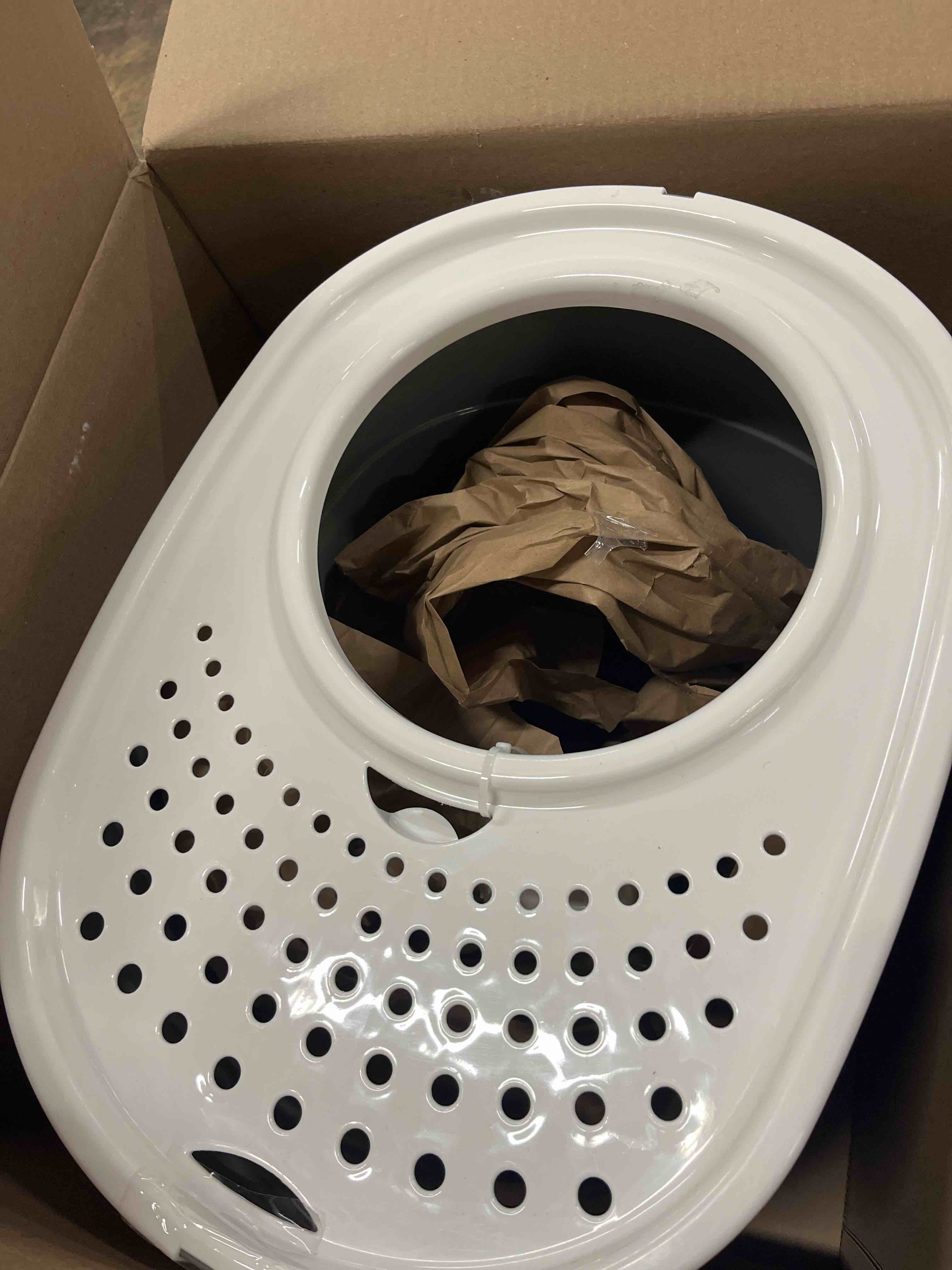 Condition photo showing New/Like New for iris usa cat litter box large top entry with lid enclosed covered hooded design litter catching scatter shield pan dog proof pet proof scoop included odor control for indoor cats kittens gray/white
