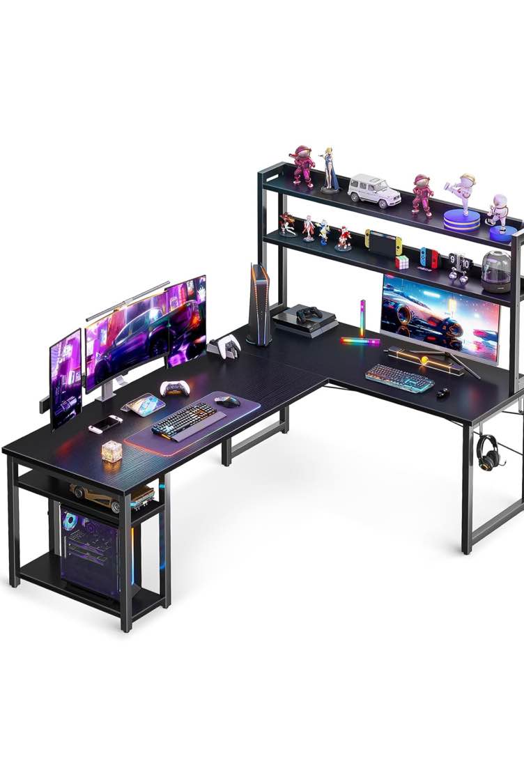 ODK L Shaped Gaming Desk with Hutch, Computer Desk with Storage Shelves, 66" L Shaped Desk for Home Office, Corner Desk with Headphone Hook, black