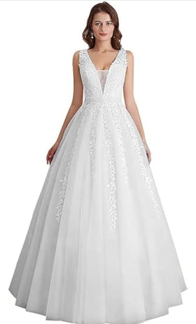 Tulle Wedding Dresses for Bride 2024 Lace Appliques V-Neck A-Line Long Foraml Beach Wedding Bridal Gown for Women