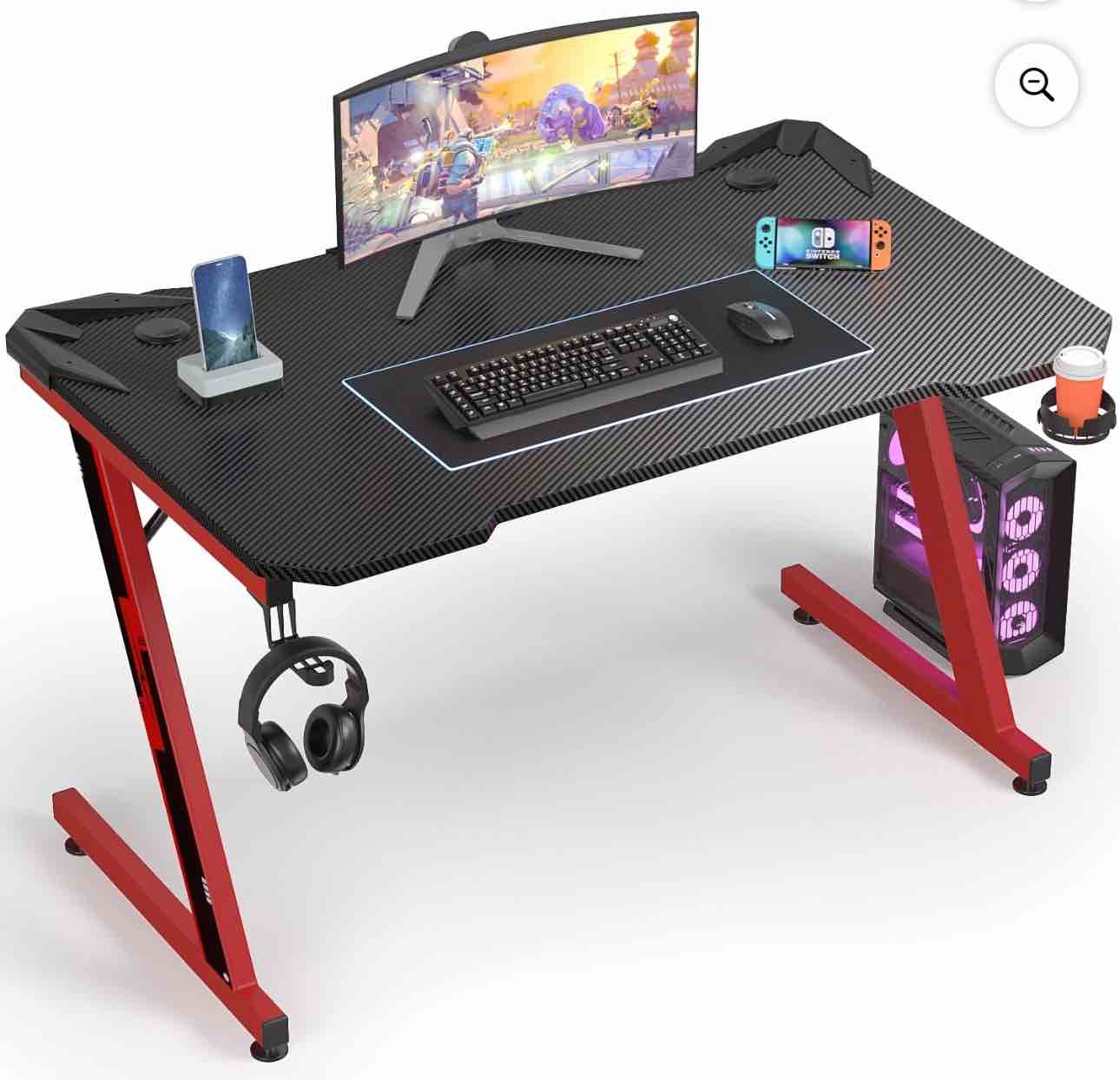 Homall 44 Inches Z-Shaped Gaming Desk Carbon Fiber Surface Desk with Cup Holder & Headphone Hook, Classic Red