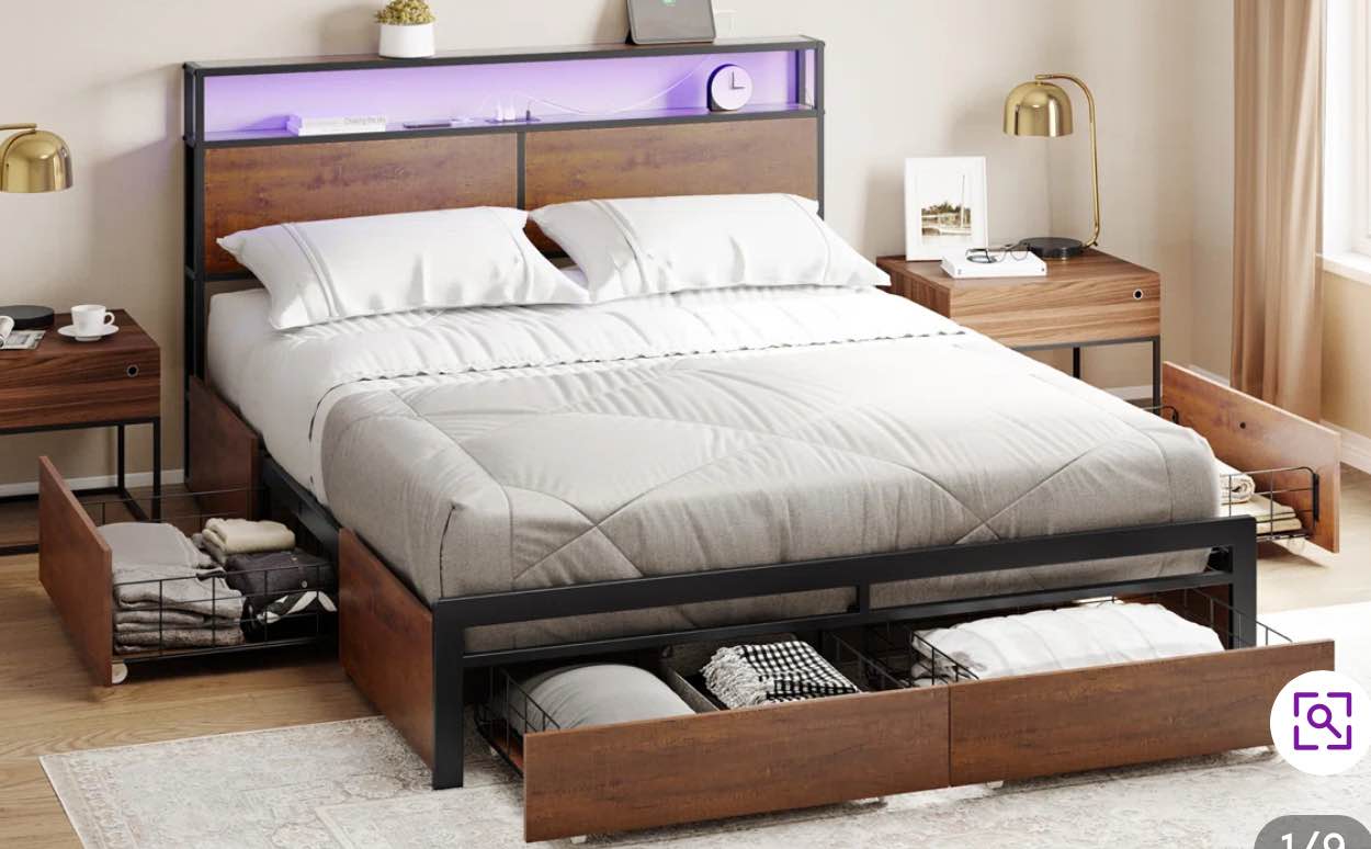 Antioch Bed Frame with 4 Drawers, Modern Bed with LED Light and Charging Station, Storage Headboard