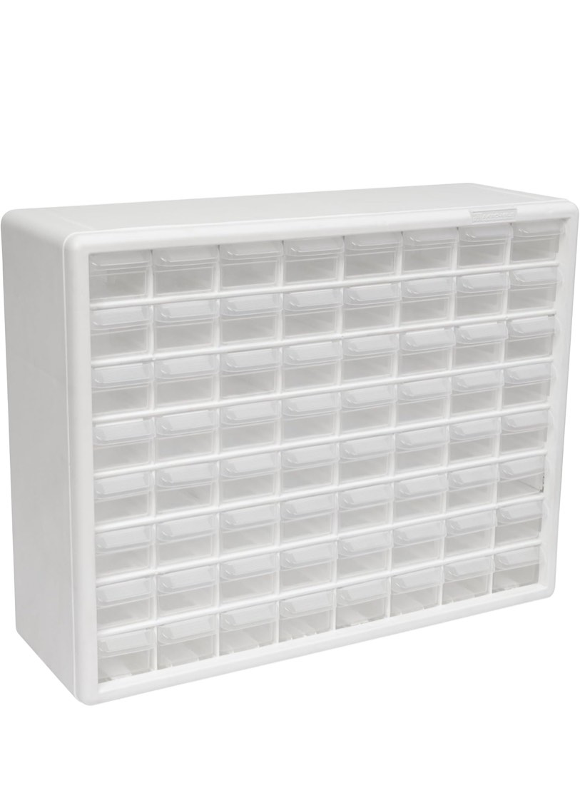 Akro-Mils 64-Drawer Plastic Drawer Storage Cabinet for Garage Organization, Bead Organizer, Building Bricks Storage, Teacher Toolbox, Makeup Organizer, 20-Inch W x 6-Inch D x 16-Inch H, 10164 White