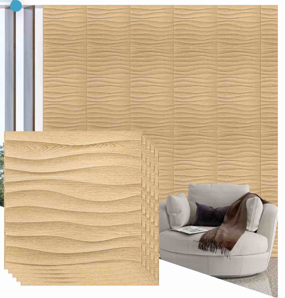 18 Pcs 3D Wall Panels 19.7 x 19.7 Inch PVC Wave Panels for Interior Wall Decor Textured Wall Coverings Wall Tiles for Bedroom Living Room Ceiling DIY, Covering 48 sq. ft. (Wood Color) ( ONE IS BROKEN)