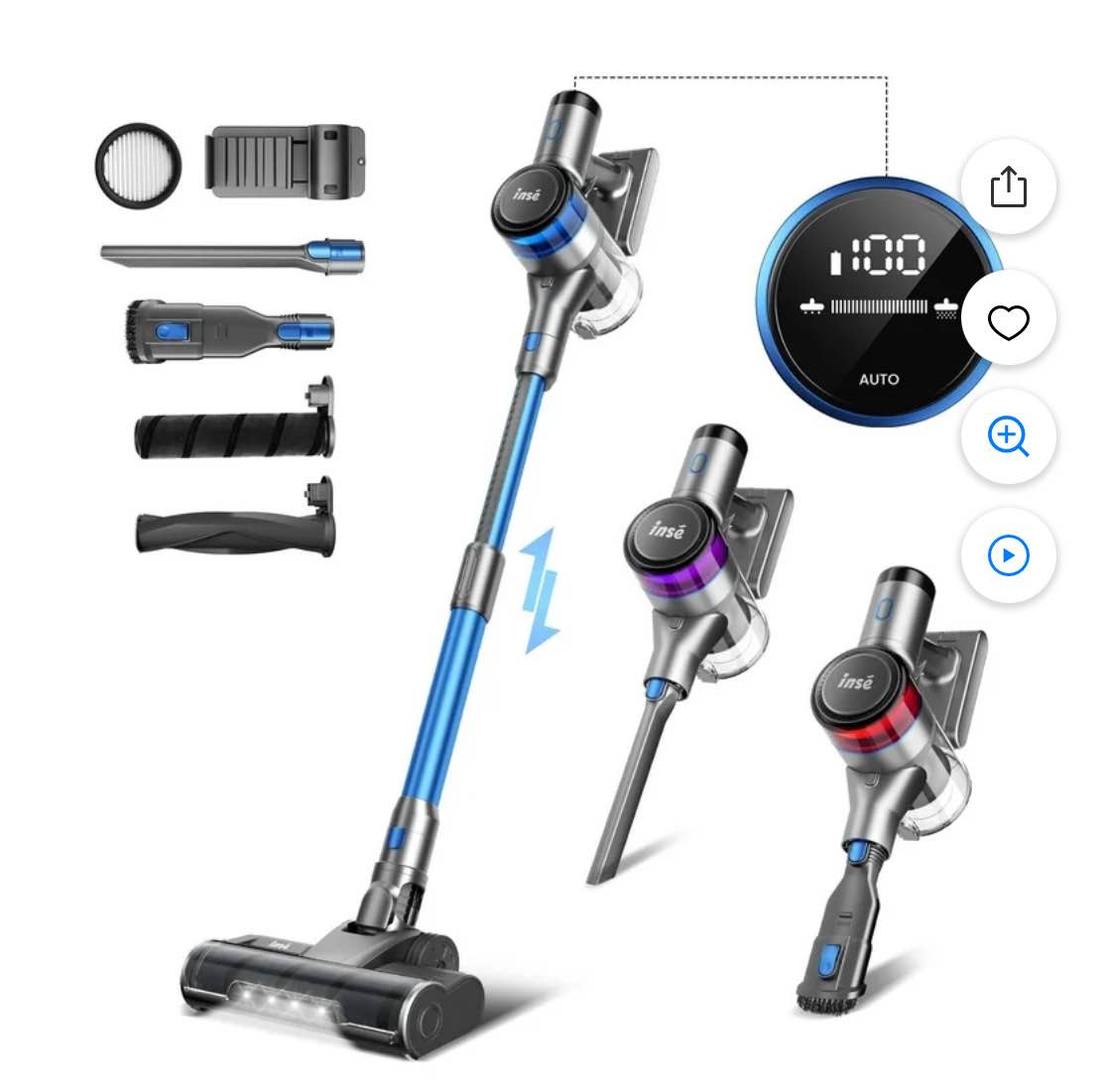INSE Cordless Vacuum Cleaner, 55min Max Runtime, 400W/30Kpa Rechargeable Stick Vacuum with LED Display, 4 Suction Modes with Smart Adjustment Handheld Vacuum Cordless for Carpet Floor Pet Hair
