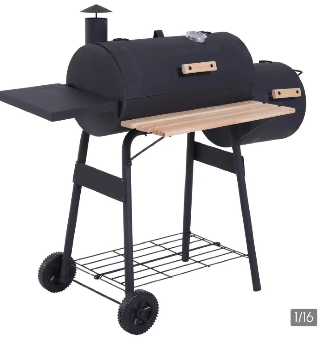 Outsunny Charcoal BBQ, Portable Grill with Wheels, All-in-One Grill, Side vent, Two Shelves and Metal Grating, Lit-Mounted Thermometer, Wooden Handle, for Outdoor Cooking, Black