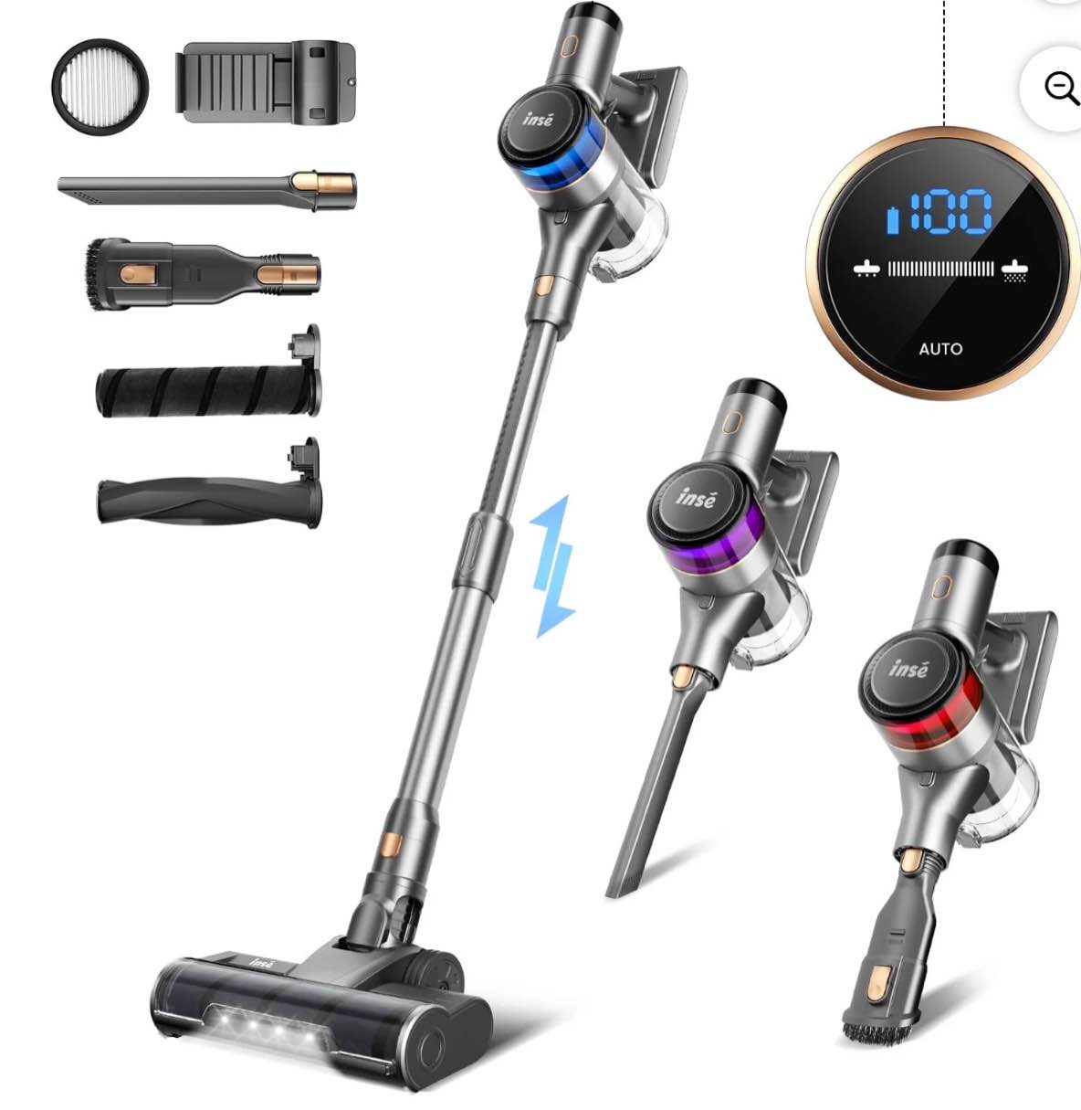 INSE Vacuum Cleaner, 400W Brushless Motor with 55min Max Runtimes, 4 Suction Modes & LED Display Cordless Stick Vacuum  for Carpet Wood Floor Pet Hair