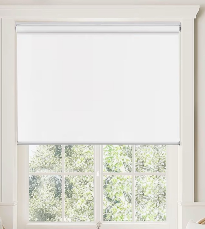 ChrisDowa Cordless 100% Blackout Roller Shade, with Striped Jacquard, Thermal Insulated, UV Protection Fabric, Total Blackout Blinds for Window, French Doors, Home and Office. White, 52" W x 72" H