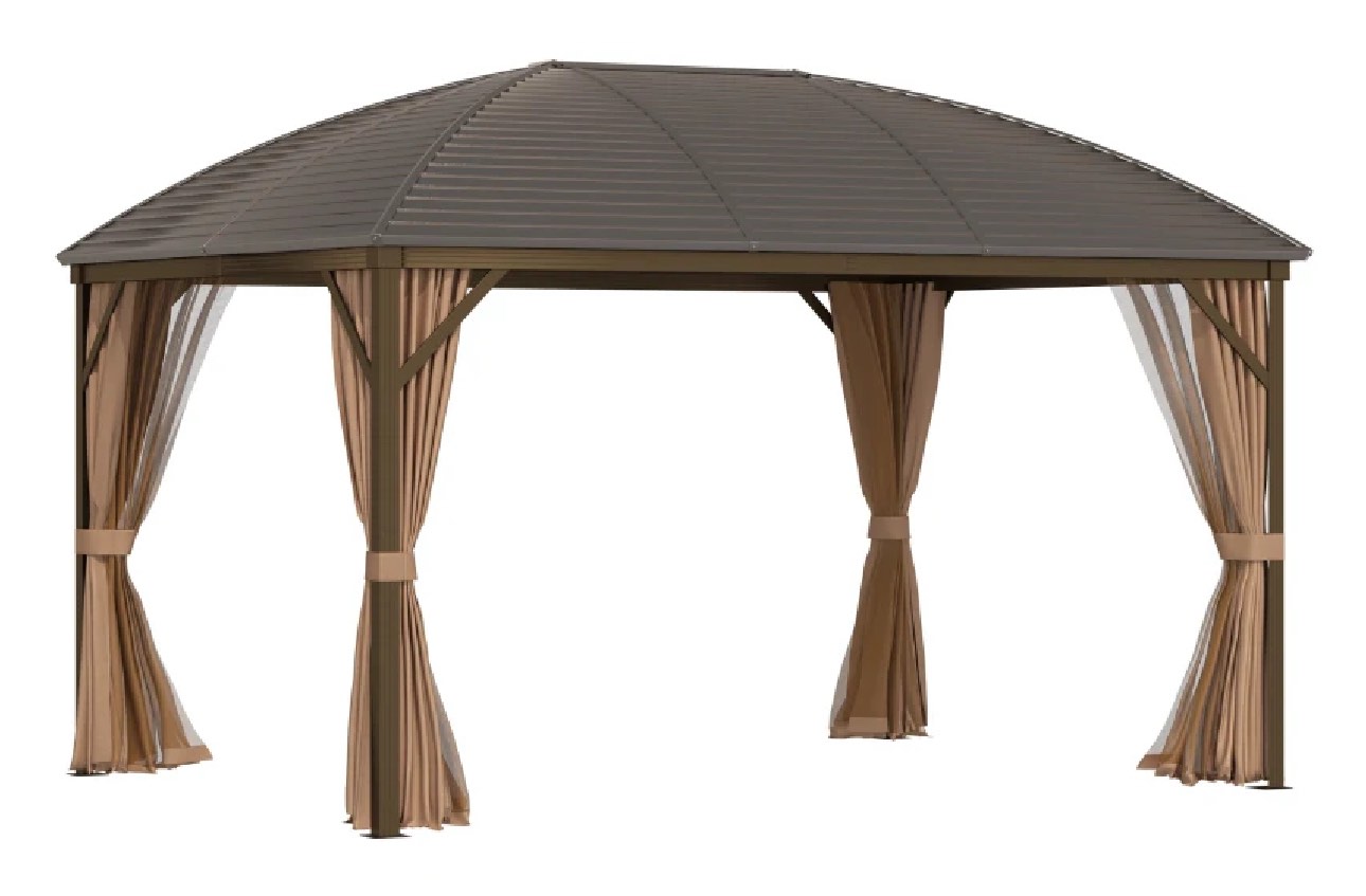 Outsunny 10' x 13' Hardtop Gazebo with Curtains, Netting, Pavilion with Steel Roof Ceiling Hook for Garden Patio, Brown ( Incomplete Box 2 of 2 ONLY)
