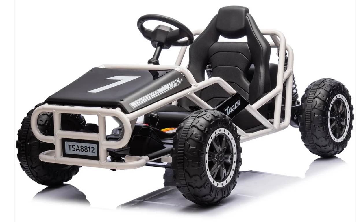 Track 7 24V Electric Go Kart, Racing Go Kart, Independent Electronic Brake Foot Pedal, Durable Full Steel Frame, 4 Mph Max Speed Electric Go Kart, 24V Outdoor Ride On Car for Kids Age 6+, Black