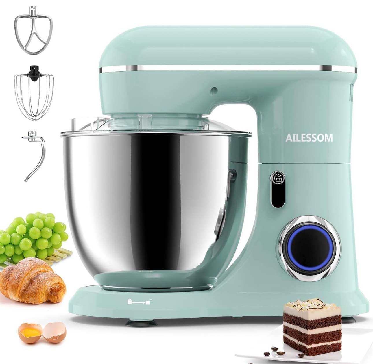 Ailessom Stand Mixer,6.5-QT 660W 10-Speed Tilt-Head Food Mixer, Kitchen Electric Mixer with Bowl, Dough Hook, Beater, Whisk for Most Home Cooks, (6.5QT, Agave Green?, 1533P 