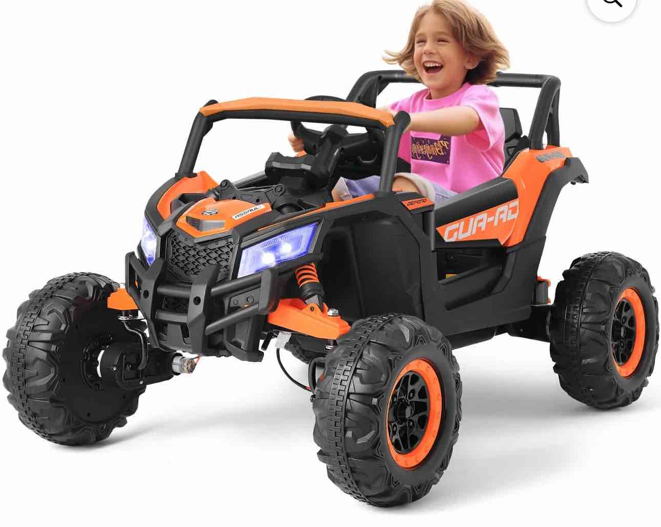 JOYLDIAS 4WD Ride on Car 12V Battery Powered Electric Off-Road UTV for Kids, 4X4 Electric Vehicle with 4 Powerful Engines, 2.4G Remote Control, Music, Bluetooth, LED Lights (Orange)
