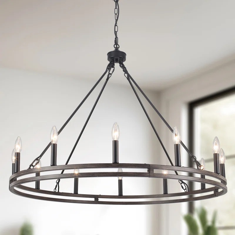 12 - Light 38" Wide Candle Style Dimmable Wagon Wheel Chandelier