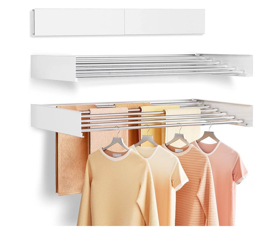 Wall Mounted Clothes Drying Rack Folding Indoor, Foldable Laundry Drying Rack Collapsible,Invisible, Space Saving, Retractable Towel Drying Rack (6 Drying Rods, White 40")