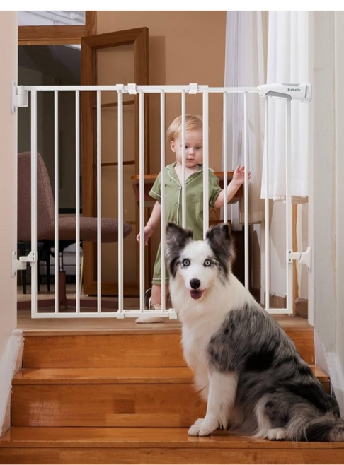 Babelio 26-43" No Bottom Bar Baby Gate for Babies, Elders and Pets, 2-in-1 Hardware Mount Dog Gate for The House, Stairs and Doorways, with Large Walk Thru Door, White