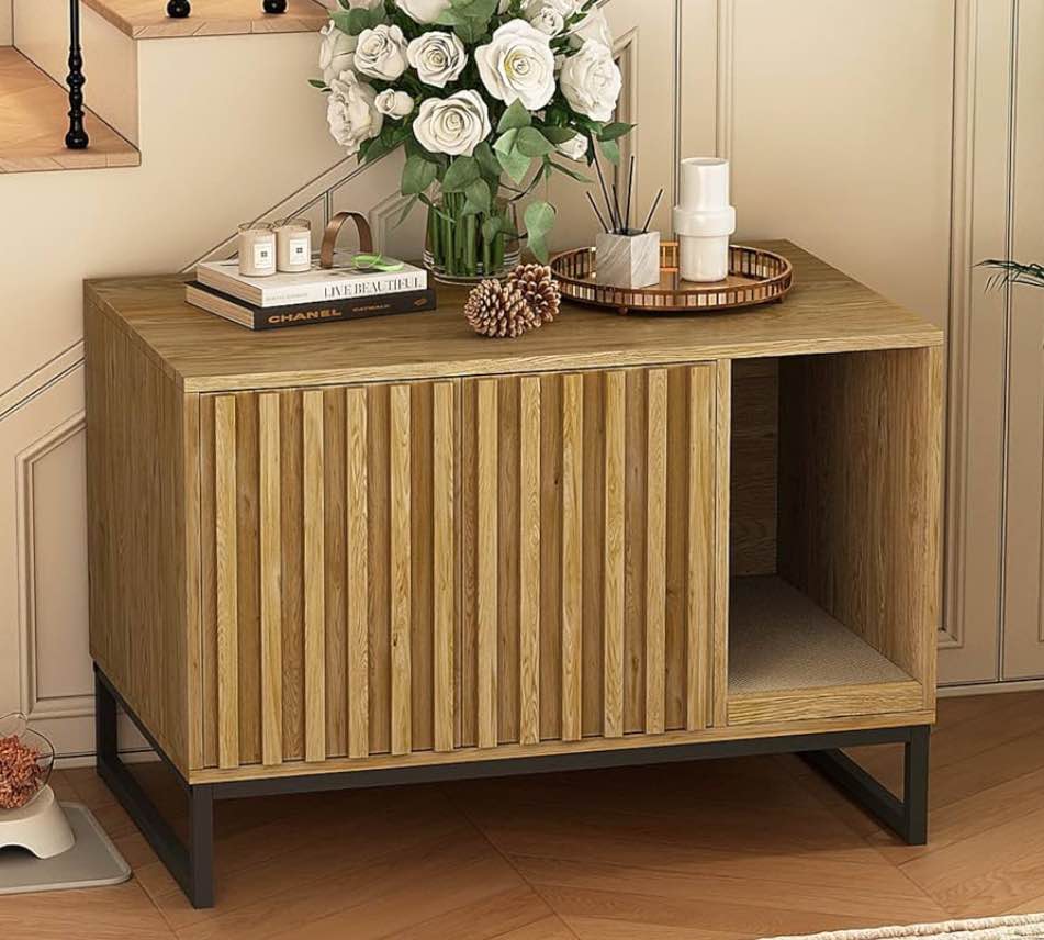 Litter Box Enclosure,Modern Cat Litter Box Enclosure Furniture Hidden Litter Box with Cat Scratch Pad, Cat Washroom Cat House End Table, Entryway Bench for Livingroom (Natural)