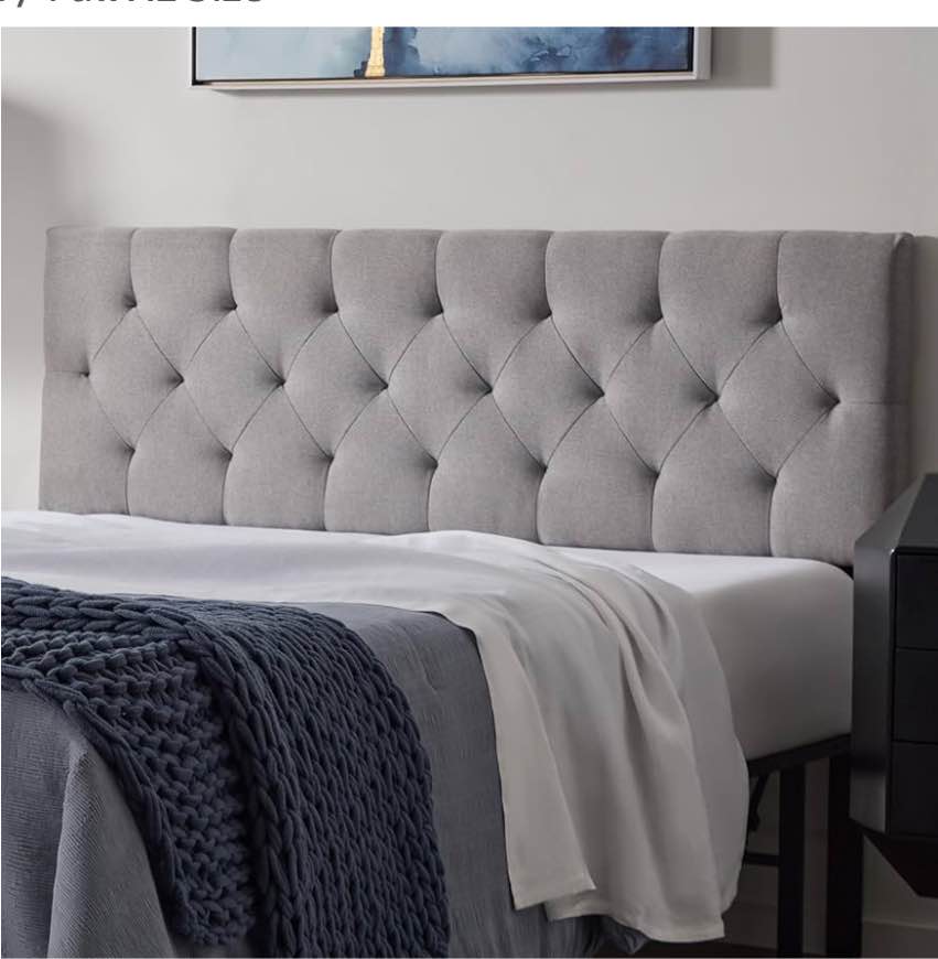 LUCID Mid-Rise Upholstered Headboard - Diamond Tufted - Padded Polyester - Adjustable Height from 34" to 46" - Easy Assembly - Bed Frame or Wall Mount - Sturdy - Stone - Full / Full XL Size