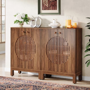 Tribesigns Sideboard Buffet Cabinet With Round Louvered Doors, Farmhouse Kitchen Storage Cabinet With Removable Shelves, Brown