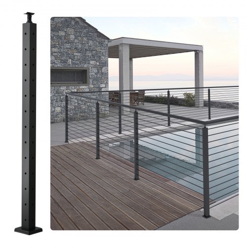 VEVOR Cable Railing Post, 42" x 2" x 2" Steel L-Shaped Hole Corner Railing Post, 12 Pre-Drilled Holes, SUS304 Stainless Steel Cable Rail Post with Horizontal and Curved Bracket, 1-Pack, Black 