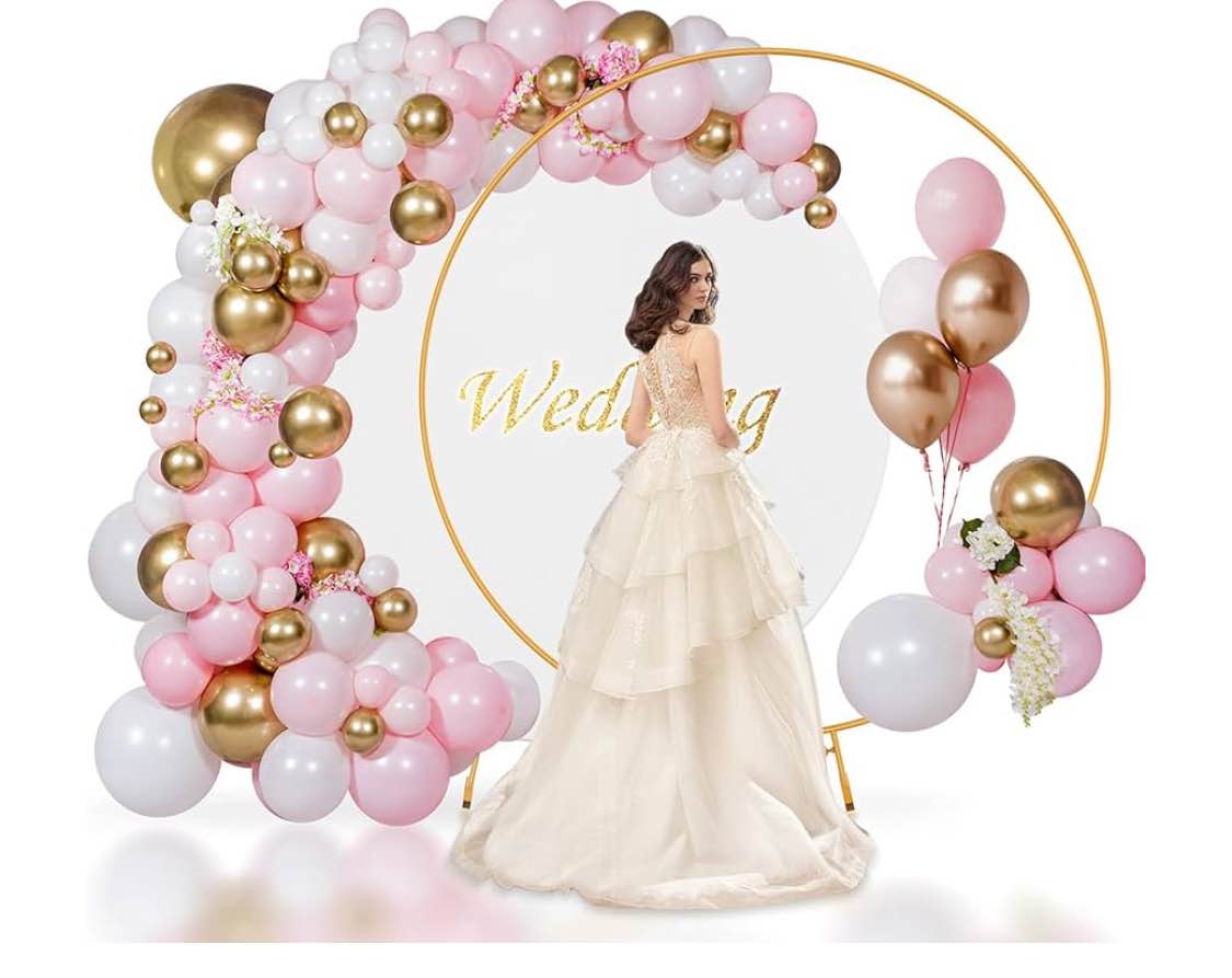 Round Backdrop Stand Wedding Arch with Backdrop Cover, TopDirect 6.6ft Circle Balloon Arch Metal Frame Gold for Wedding Birthday Party Bridal Shower Anniversary Event Ceremony Decoration