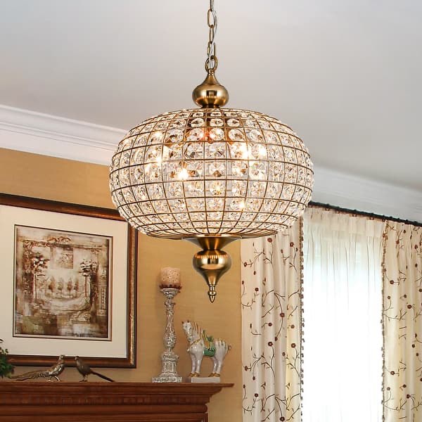 Retro French 4/5-Light Antique Brass Globe Crystal Chandelier Kitchen Island Pendant - 4-Light W16.5" x H20.5"
