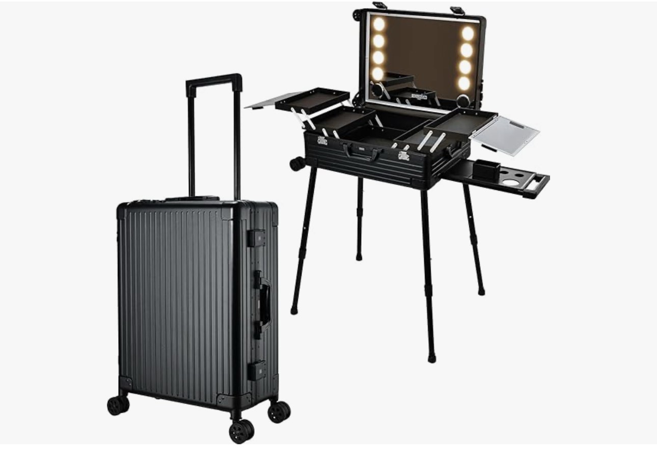 Rolling Makeup Case 24'' Makeup Vanity Station with 8 LED Light Mirror Bluetooth Speaker Cosmetology Case on Wheels Make up Artist Free Standing Box Aluminum Makeup Salon Case Black