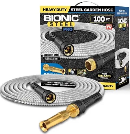 Bionic Steel Pro Garden Hose 304 Stainless Steel Metal Water Hose Heavy Duty Crush Resistant Brass Fittings Kink Tangle Free 100ft