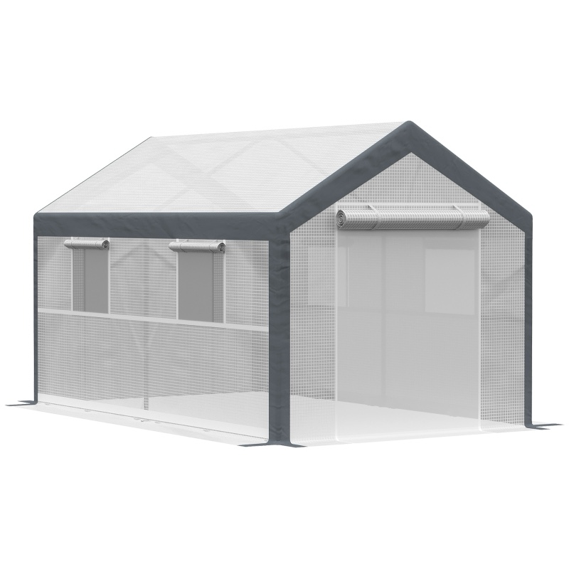 Outsunny 12' x 7' x 7' Greenhouse, Walk-in Outdoor Tunnel Green House with PE Cover, Steel Frame, 2 Roll-Up Zipper Doors & 4 Windows for Flowers, Vegetables, Tropical Plants, White/Dark Gray