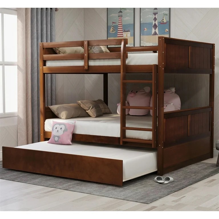 Full Over Full Bunk Bed with Twin Size Trundle, Solid Wood Bunkbed with Safety Guardrail and Ladder, Can Be Divided Into Two Individual Beds, No Box Spring Required, Walnut (Box 2/2 Only)