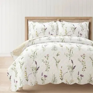 Watercolor Wildflower Scallop Edged Floral Quilt Neutral/Multi 3Pc Set