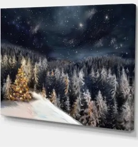 15x32 Night Forest Christmas Tree' winter Forest wall art, Forest canvas art 