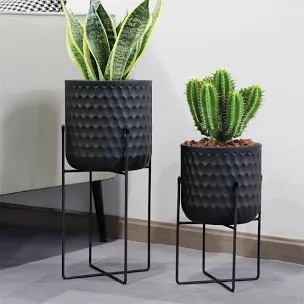 Almanda 2 pcs Black Metal Pot Planter w Stand
