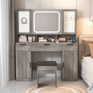 Large Makeup Vanity Set with LED Mirror Cabinet, USB & Power Outlet,3 Drawers and 5 Doors